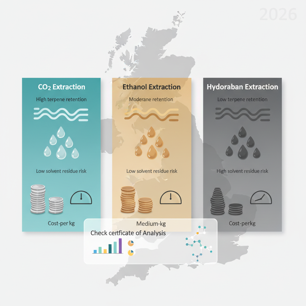 CO2 vs Ethanol vs Hydrocarbon CBD Extraction (UK, 2026): Terpene Retention, Solvent Risk, Cost & What to Check on the CoA