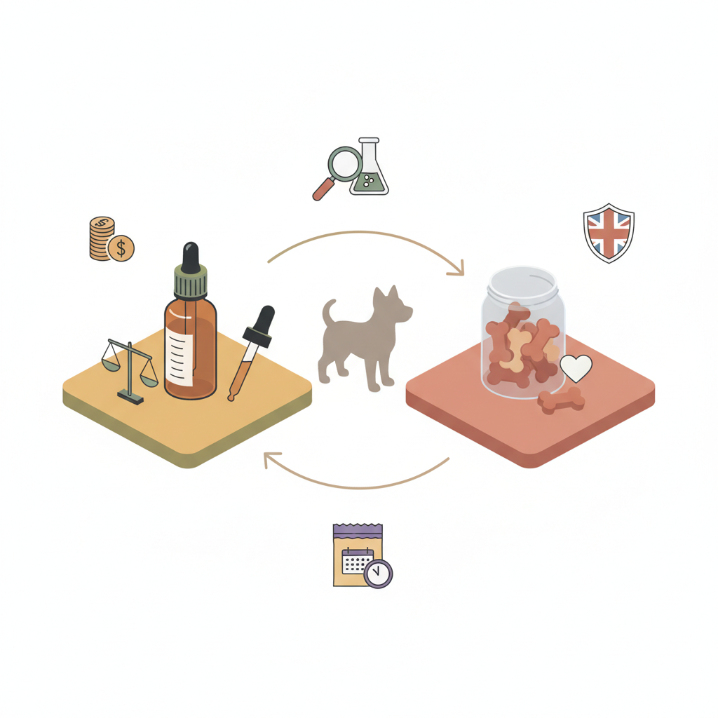 2026 UK buyer’s comparison — CBD oil vs CBD treats for dogs: price, COAs, dosing, palatability and VMD compliance